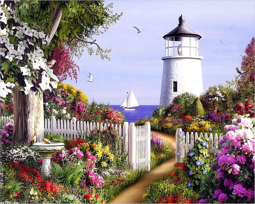 маяк и парусник - акварель, маяк, парус, море, цветы, сад, чайка, пейзаж - оригинал