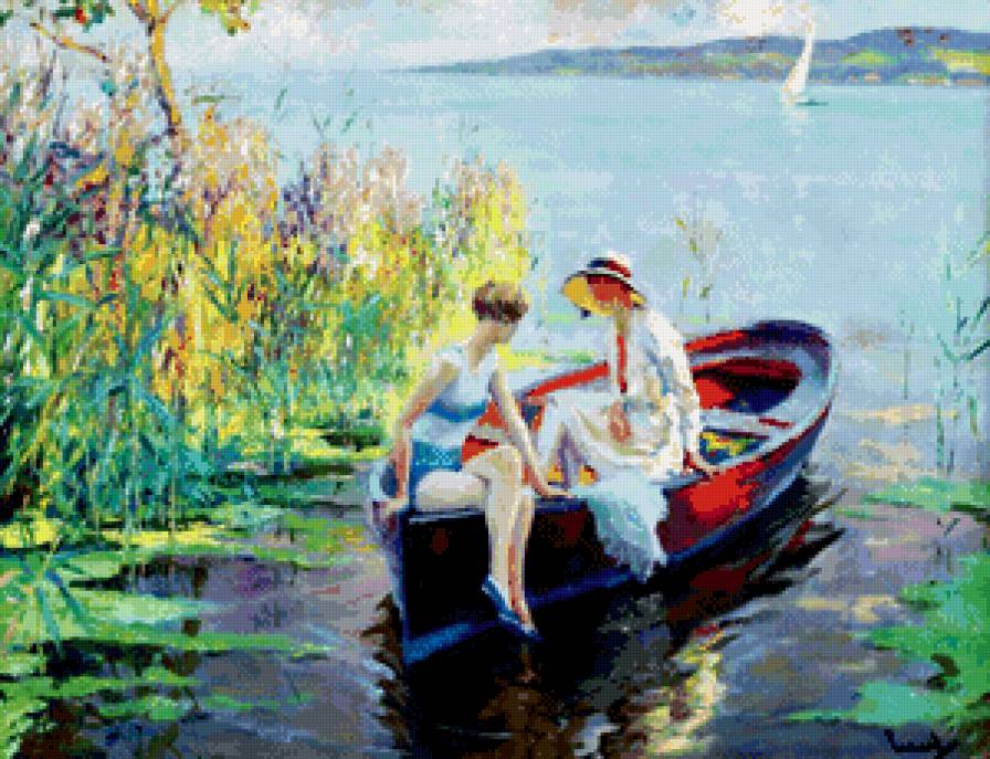 подруги в лодке - река, пейзаж, подруги, лодка, лето, парус, женщины, девушки - предпросмотр