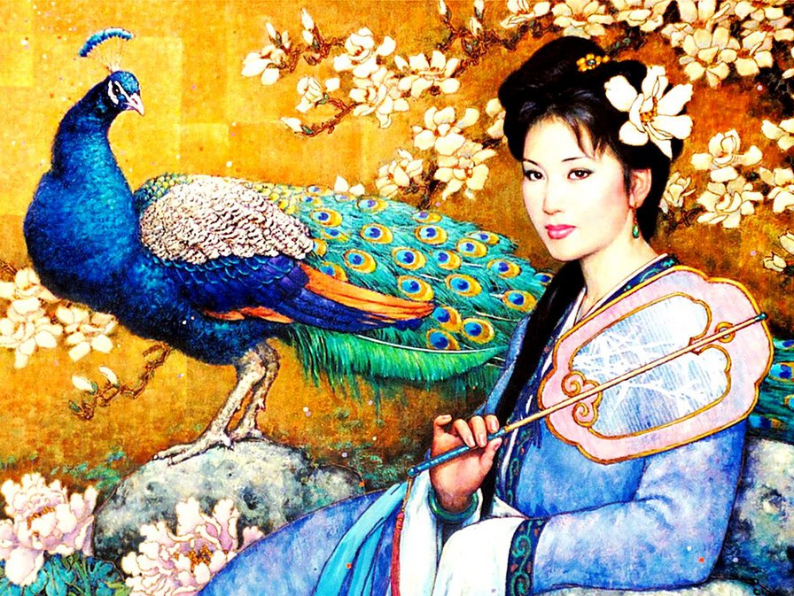 восточная девушка с павлином - павлин, красавица, восток, принцесса, девушка, веер, фэнтэзи - оригинал