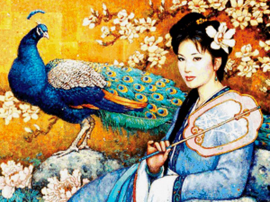 восточная девушка с павлином - принцесса, девушка, веер, павлин, фэнтэзи, красавица, восток - предпросмотр