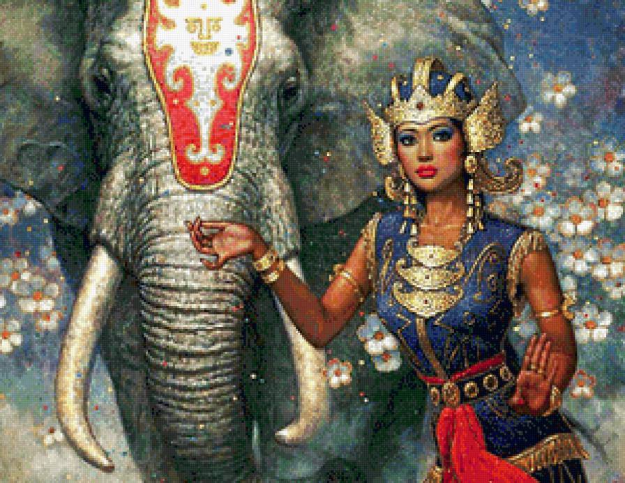 девушка со слоном - девушка, женщина, слон, животное, красавица, индия - предпросмотр