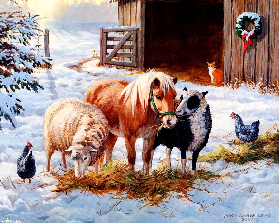 животные на ферме - зима, ферма, курица, животные, пони, овечка - оригинал