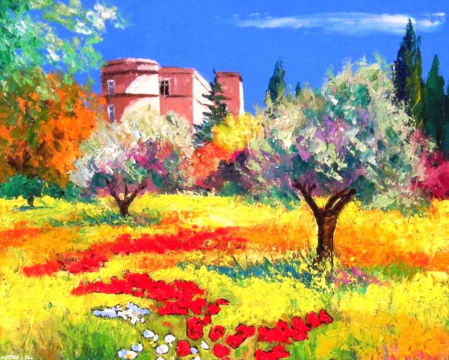 дом в провансе - лето, оливки, природа, пейзаж, дом, живопись, прованс, сад - оригинал