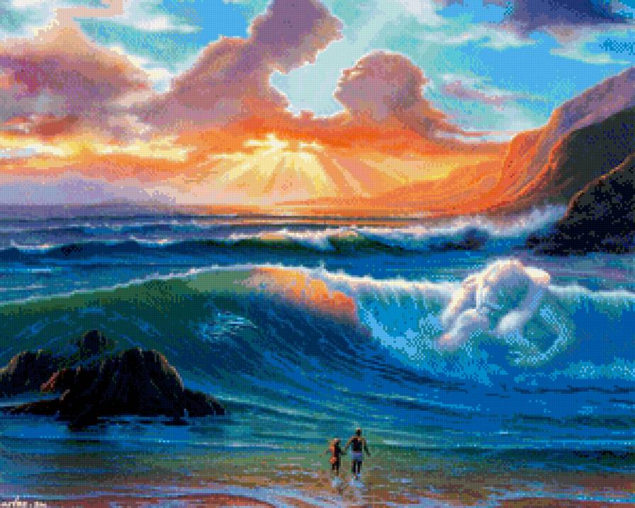 единение двоих - пара, пляж, волны, пейзаж, любовь, закат, море, берег - предпросмотр