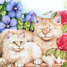 Схема вышивки «два котика в цветах»