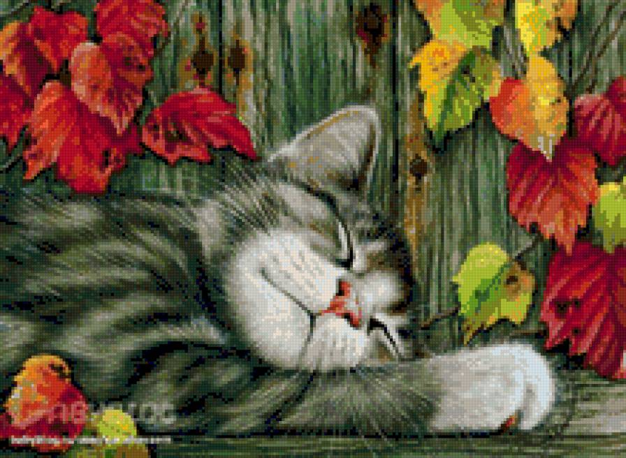 Сладкий сон - котик, забор, котенок, осень, котейка, листья - предпросмотр