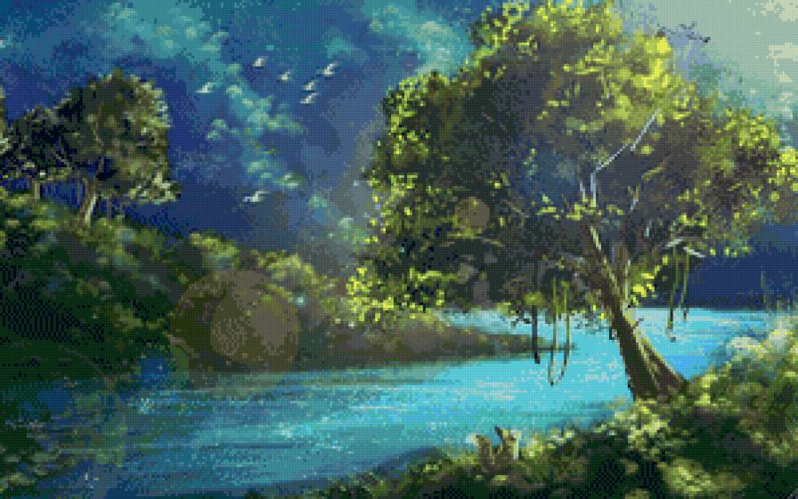 сказочный лес - сказка, лето, озеро, сосны, природа, живопись, пейзаж, лес - предпросмотр