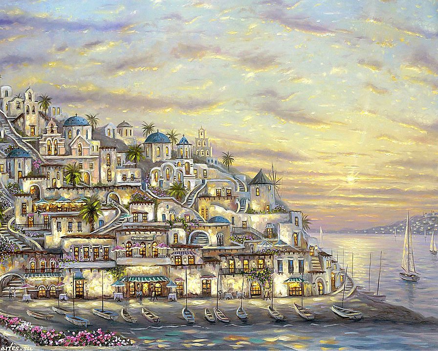 морской город на закате - дома, сумерки, вечер, лодки, пейзаж, город, пальмы, закат, море - оригинал