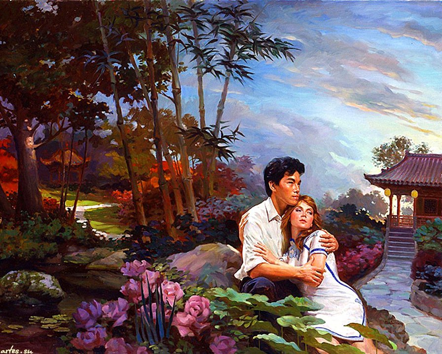 влюблённые - пара, любовь, пагода, чувства, страсть, вечер - оригинал
