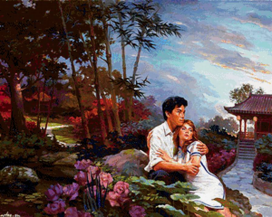 влюблённые - вечер, пагода, чувства, любовь, пара, страсть - предпросмотр