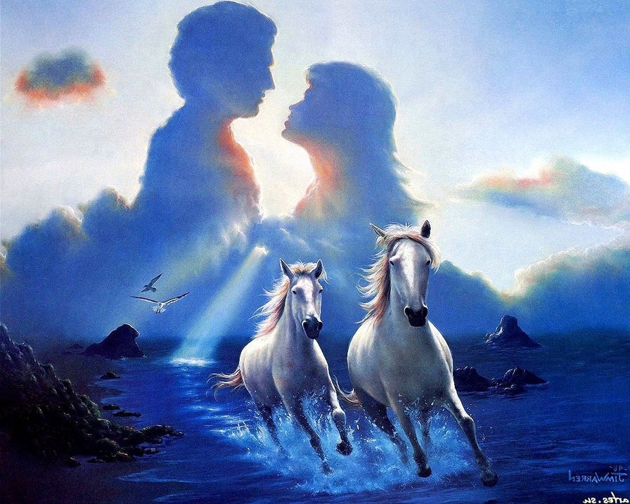 вместе навсегда - волны, небо, закат, море, пара, любовь, океан, лошади, верность - оригинал