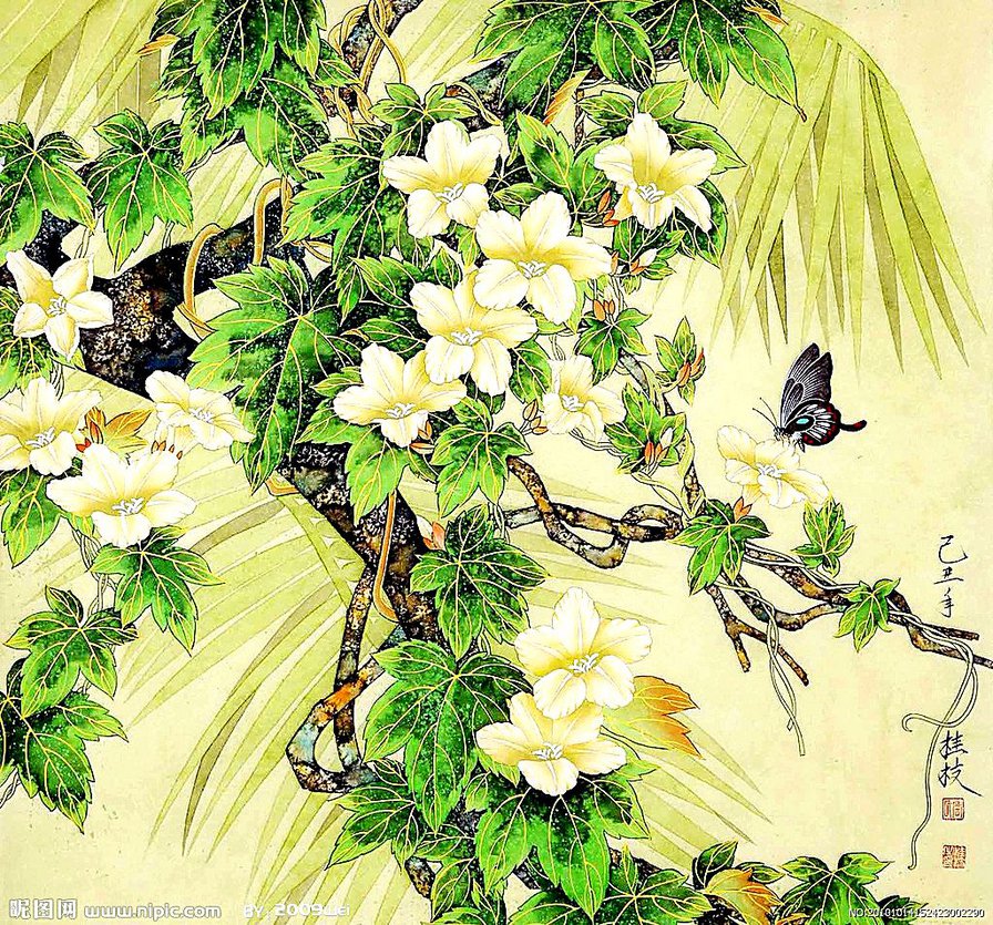 японские цветы - восток, цветы, панно, бабочка, япония - оригинал