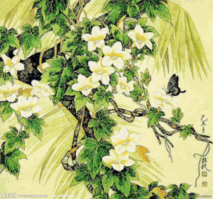 японские цветы - восток, япония, бабочка, панно, цветы - предпросмотр