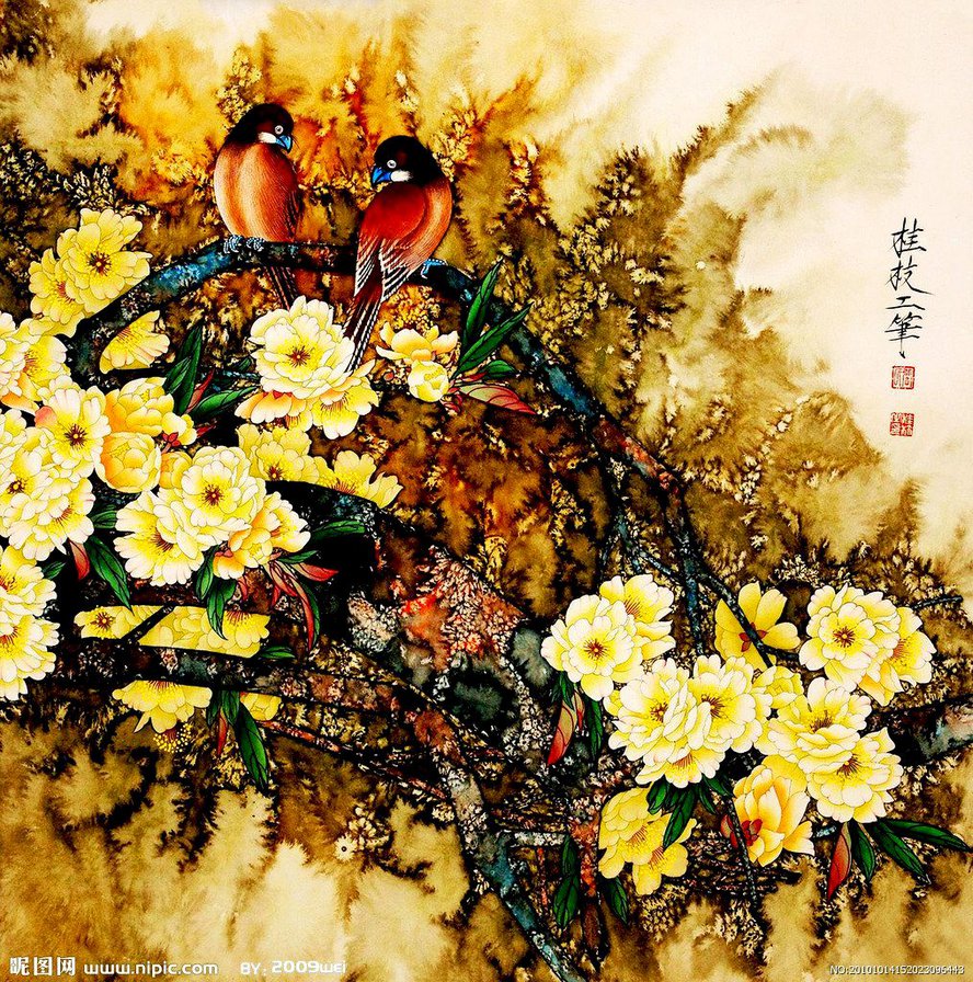 птицы на дереве в японском стиле - япония, любовь, семья, ветка, пара, восток, цветы, птицы, сад - оригинал