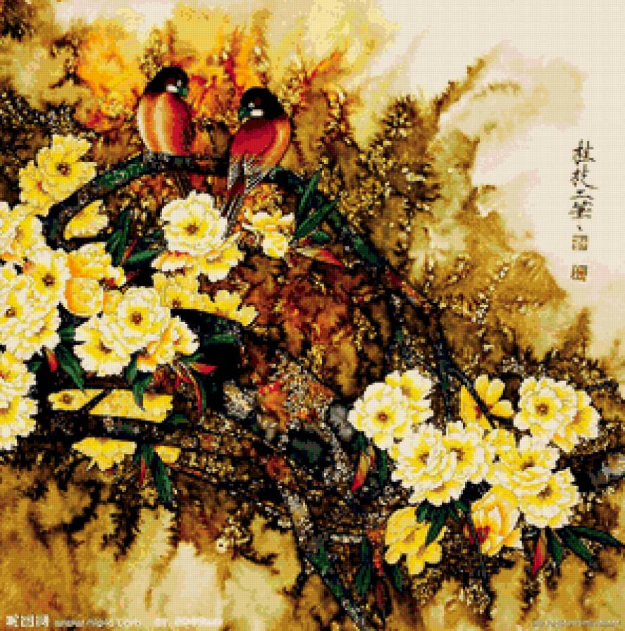 птицы на дереве в японском стиле - птицы, ветка, цветы, сад, любовь, пара, семья, япония, восток - предпросмотр