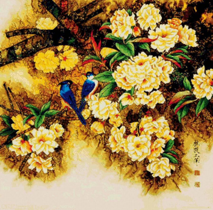 птицы на ветке пиона - пион, ветка, семья, птицы, пара, япония, сад, любовь, цветы - предпросмотр