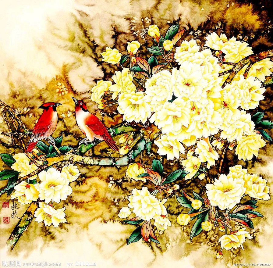 птицы на ветке пиона - япония, сад, ветка, семья, цветы, любовь, птицы, пион, пара - оригинал