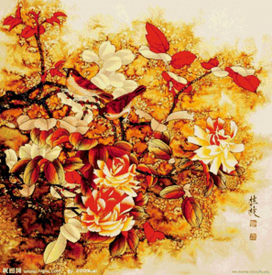 птицы на дереве в японском стиле - любовь, пара, сад, япония, цветы, птицы, ветка, семья, восток - предпросмотр