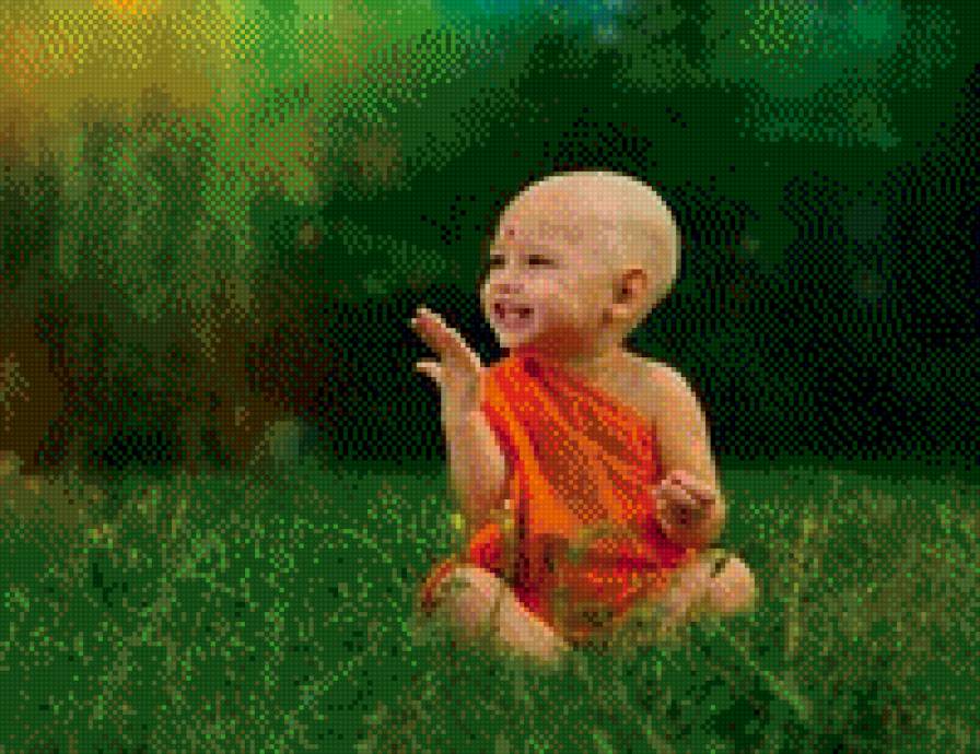 Маленький буддист - ребенок, оранжевая одежда, монах, буддист - предпросмотр