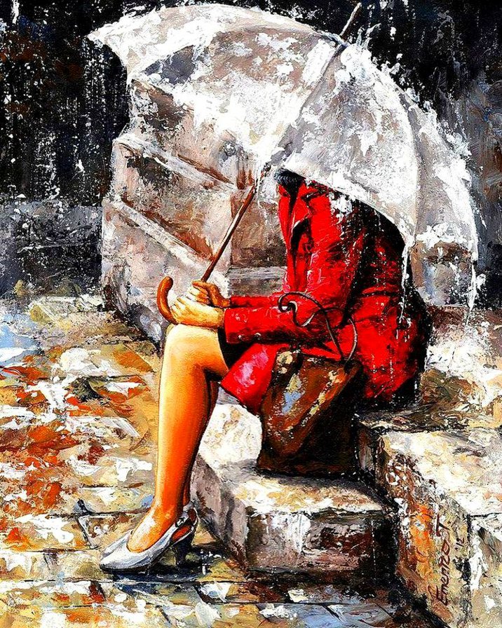 девушка под зонтом - женщина, красота, дождь, грусть, зонт, девушка, живопись - оригинал