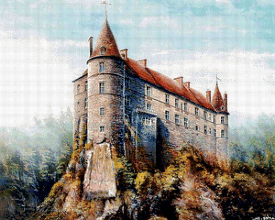 средневековый замок - франция, осень, пейзаж, живопись, замок, картина, сказка - предпросмотр