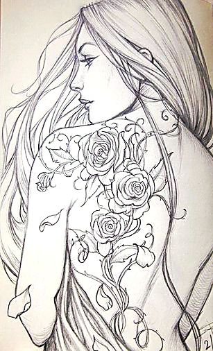 девушка с татуировкой роз - монохром, девушка, красота, тату, розы, графика, женщина - оригинал