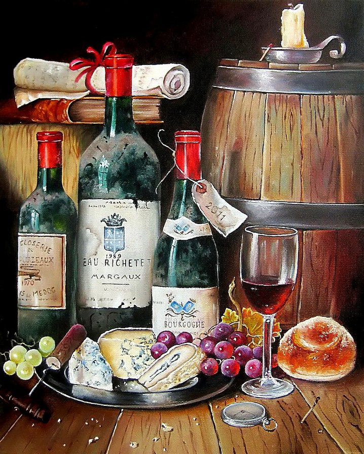 винный натюрморт - кухня, бочка, бокал, вино, виноград, еда, погреб, натюрморт - оригинал