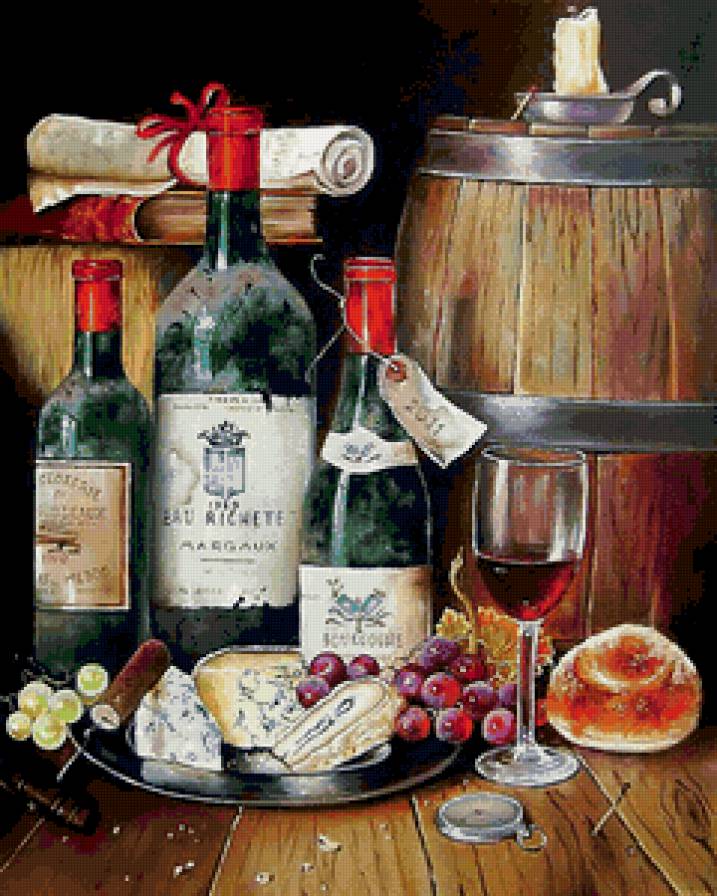 винный натюрморт - бочка, еда, погреб, бокал, кухня, натюрморт, виноград, вино - предпросмотр