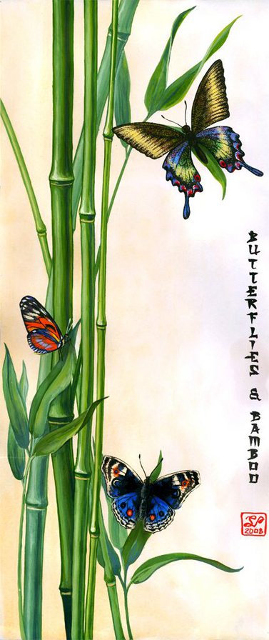 бамбук и бабочки - бабочки, солнце, восток. китай, панель, панно, бамбук - оригинал