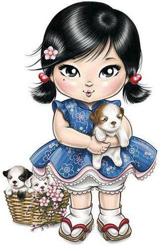Серия "Куколки" - щенки, девочка, корзинка, японочка, цветы - оригинал