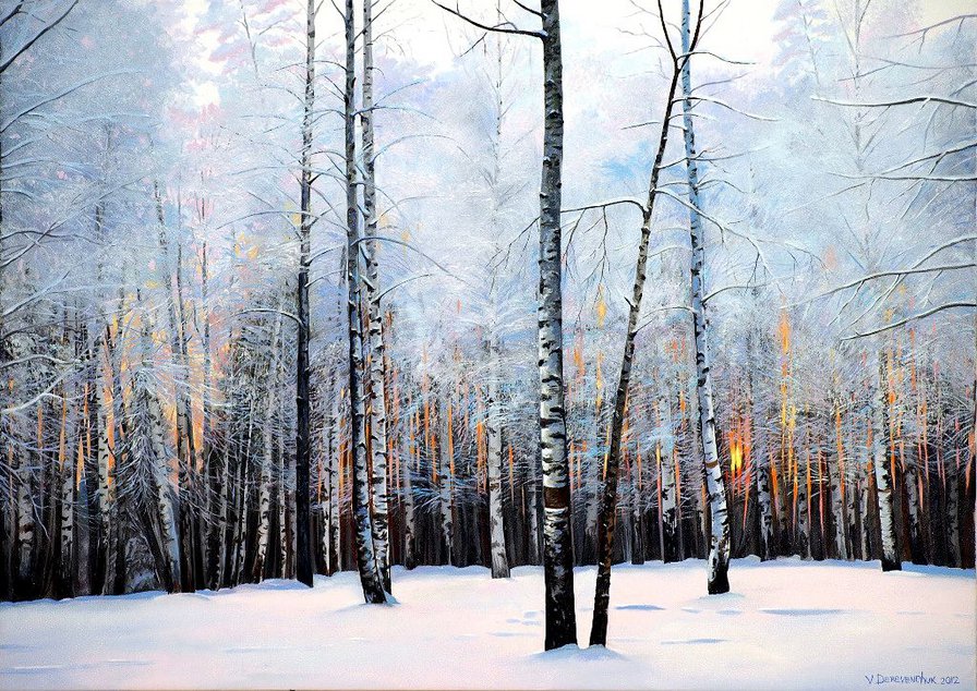 зима в берёзовой роще - живопись, мороз, лес, березы, природа, пейзаж, зима, роща, снег - оригинал