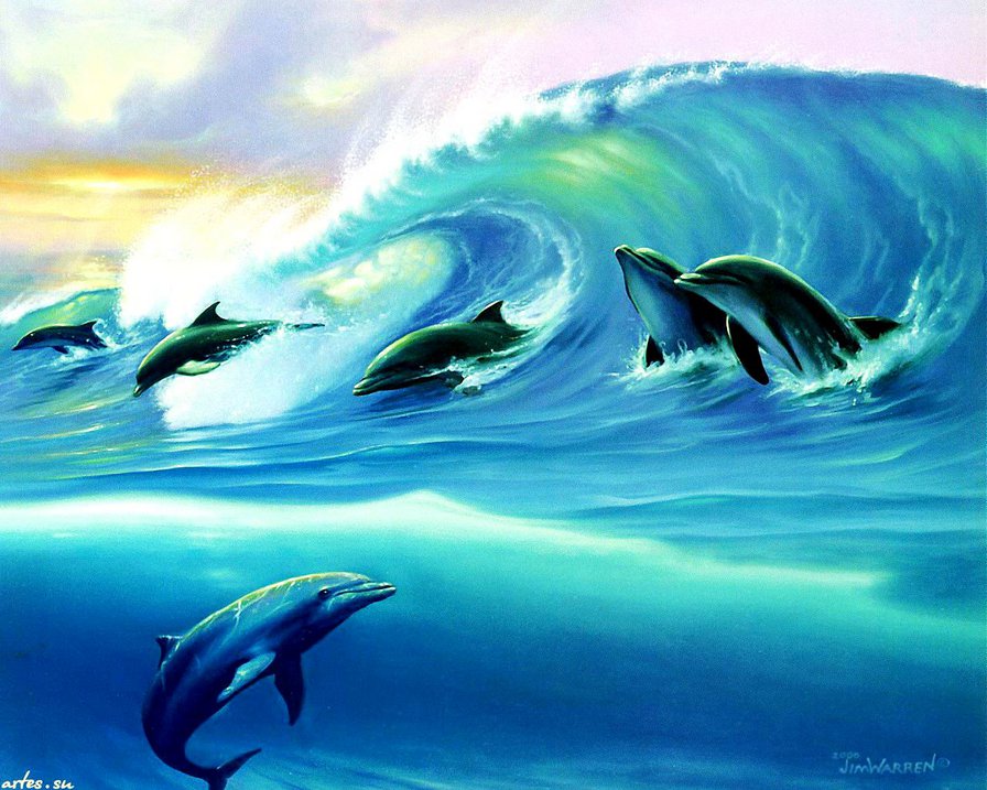 дельфины в море - волна, море, животные, игра, картина, дельфины, океан - оригинал