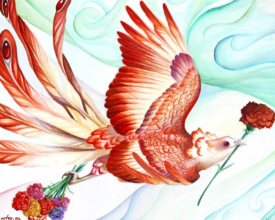 жар птица с гвоздиками - картина, цветы, птица, жар птица, гвоздики, сказка, рисунок - оригинал