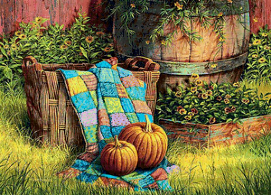 тыквы во дворе - дворик, осень, кухня, тыква, живопись, одеяло, овощи, деревня - предпросмотр