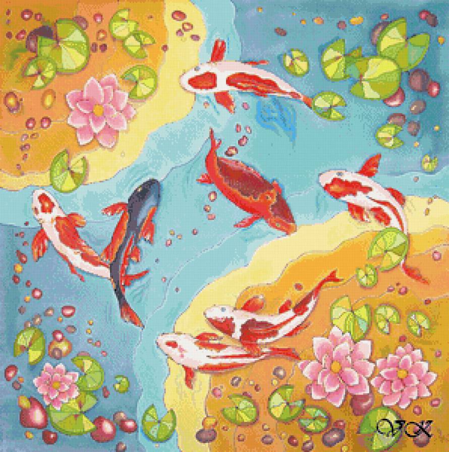 карпы кои - подушка, карпы, пруд, фен шуй, япония, восток, панно, счастье - предпросмотр