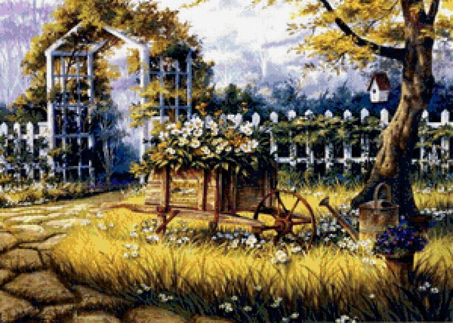 во дворе - пейзаж, природа, дворик, телега, живопись, село, деревня - предпросмотр