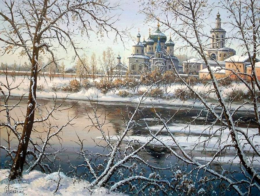 зимний пейзаж с церковью - снег, пейзаж, церковь, деревья, река, зима, природа - оригинал
