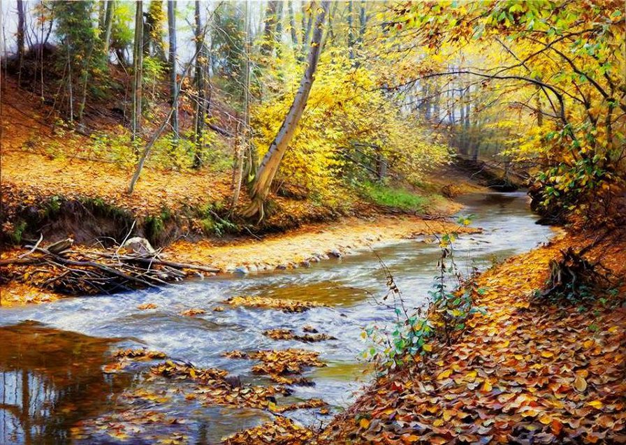 осень в лесу - живопись, золото, природа, река, осень, лес, дерево - оригинал