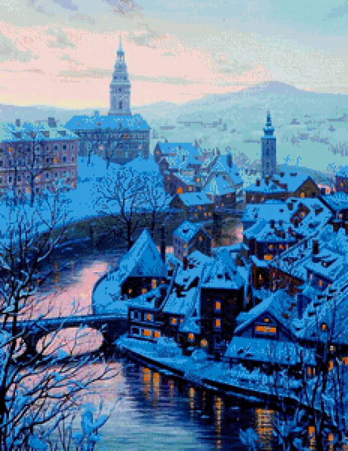 зима в городе - река, вечер, сумерки, мост, снег, пейзаж, зима, крыши, город - предпросмотр