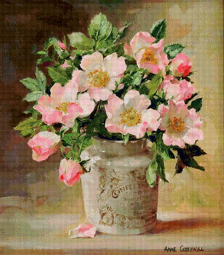цветы шиповника в вазе - шиповник, натюрморт, цветы, розы, ваза, букет, живопись - предпросмотр
