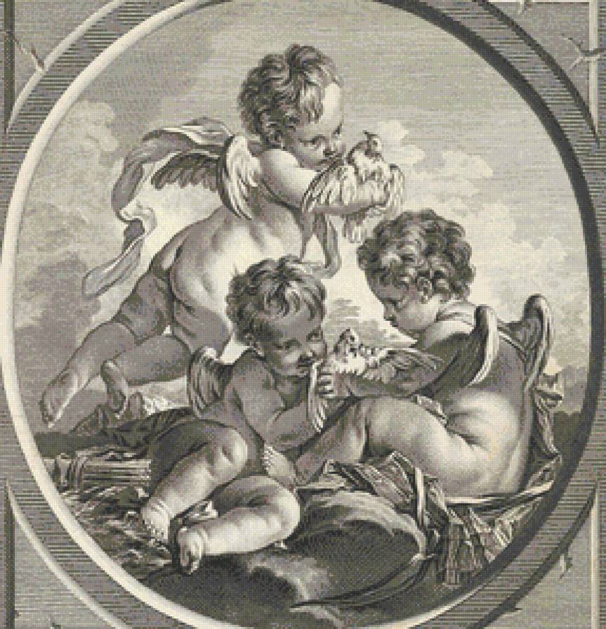 ангелочки с голубями - ангел, голуби, монохром, амуры, графика, птицы, амур, ангелочки - предпросмотр