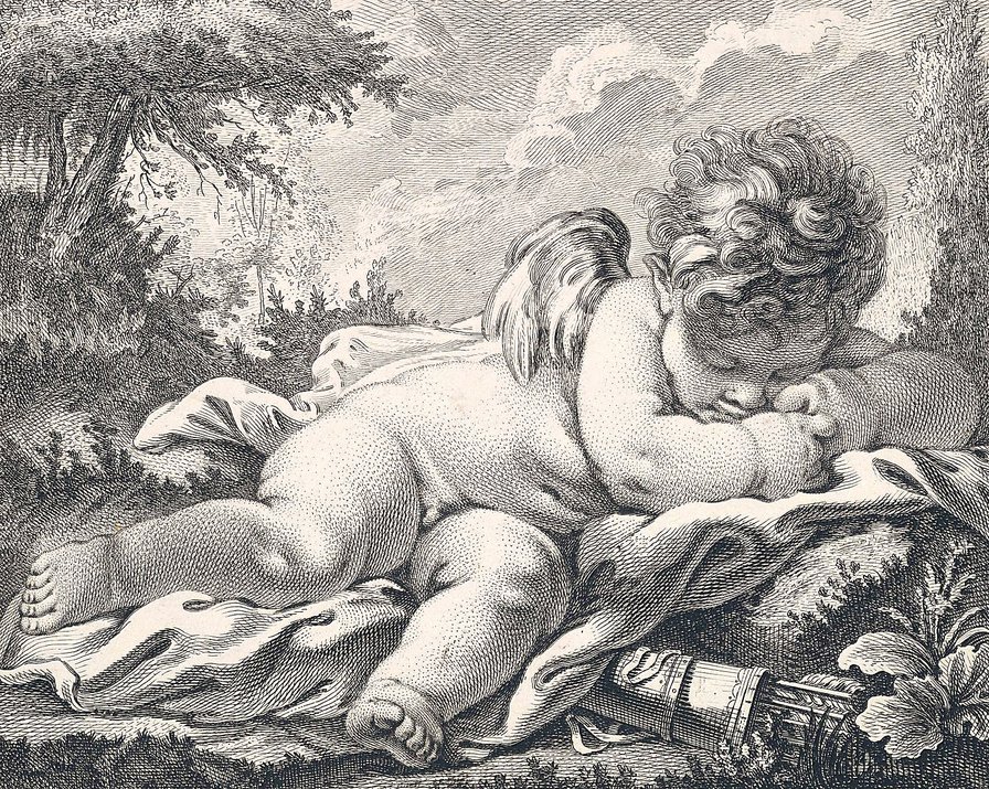 сон амура - графика, амур, монохром, лук, отдых, купидон, сон, стрелы - оригинал