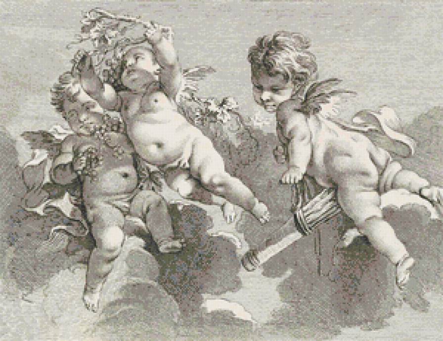 амуры резвятся в небе - монохром, небеса, виноград, ангелочки, любовь, небо, амуры - предпросмотр