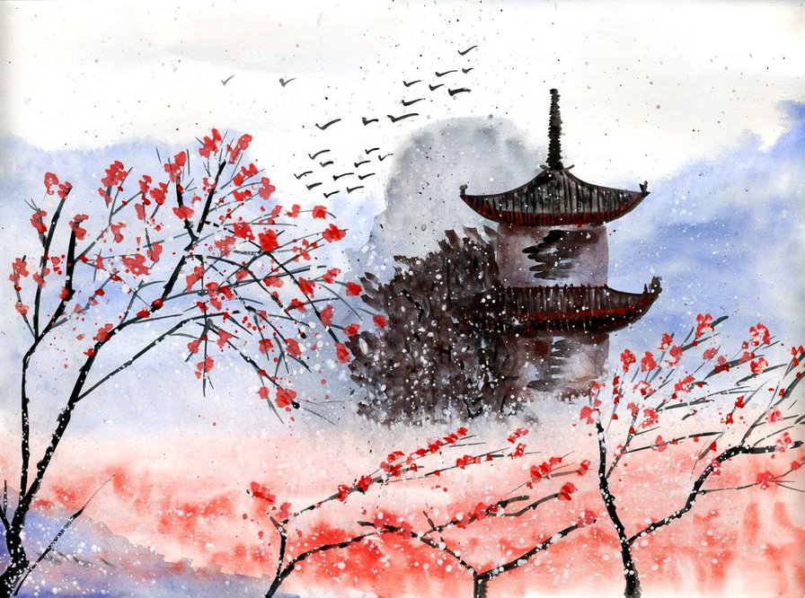 пагода и сакуры - восток, пагода. япония, весна, сакура, акварель, цвет - оригинал