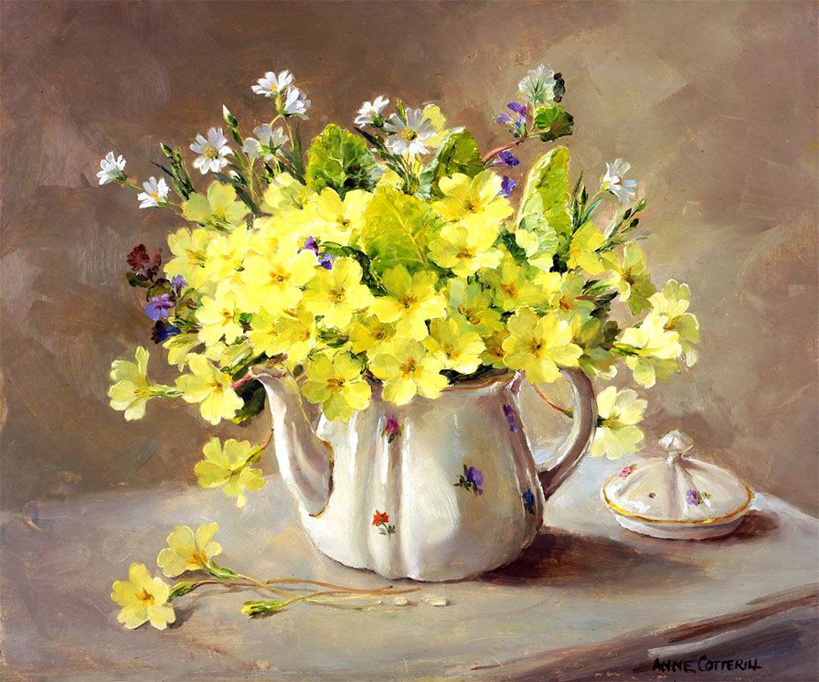 лютики и ромашки в чайнике - чайник, ромашки, цветы, натюрморт, букет, лютик, живопись - оригинал
