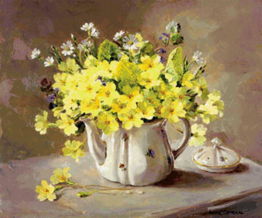 лютики и ромашки в чайнике - чайник, цветы, натюрморт, букет, лютик, живопись, ромашки - предпросмотр