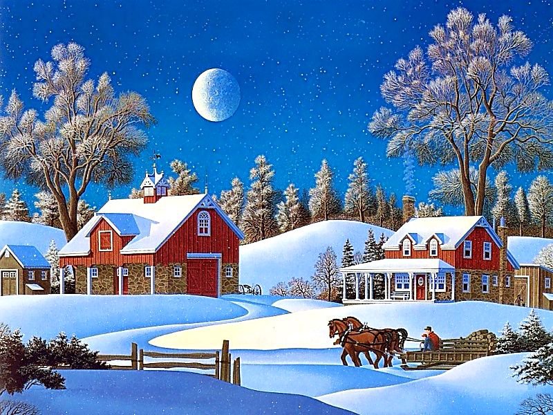 зима - домик, живопись, природа, снег, деревня, пейзаж, зима, мороз - оригинал