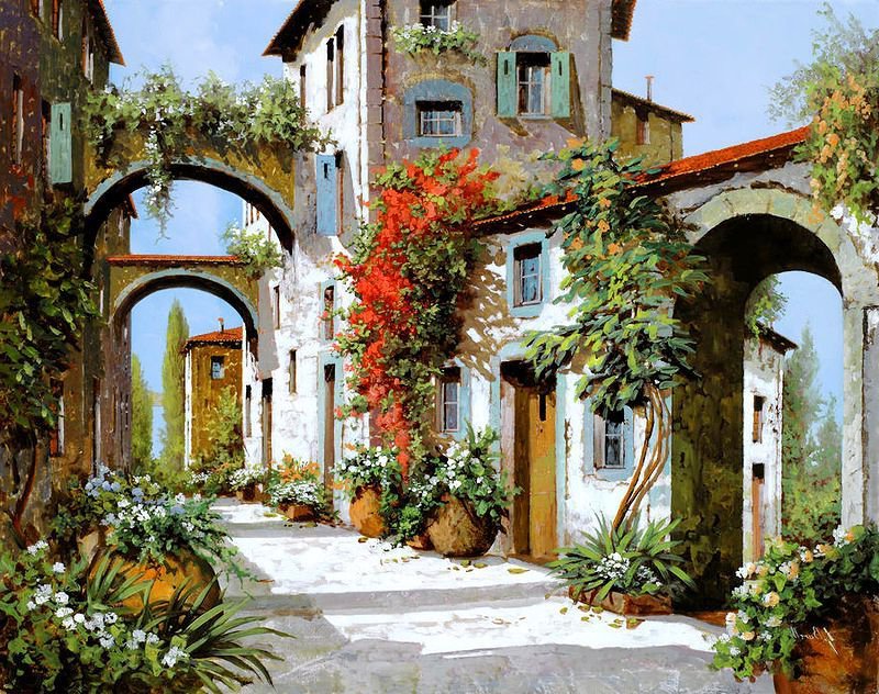 на юге италии - двор, италия, юг, живопись, цветы, улица, пейзаж, лето - оригинал