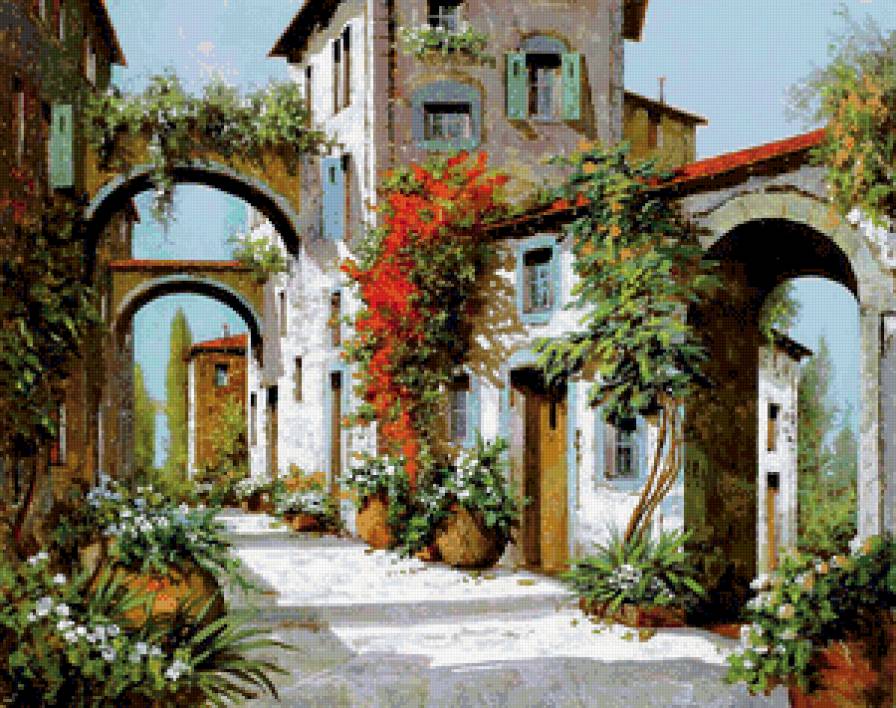 на юге италии - пейзаж, живопись, юг, двор, италия, цветы, лето, улица - предпросмотр