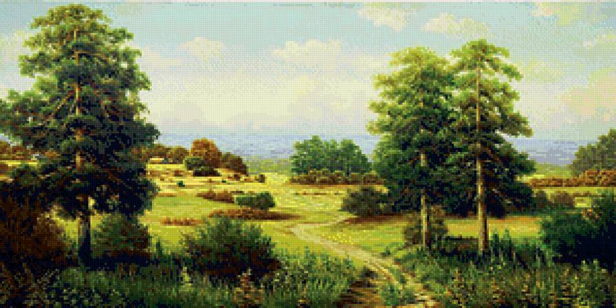живописный пейзаж - поля, пейзаж, живопись, лето, сосны, жара, классика - предпросмотр